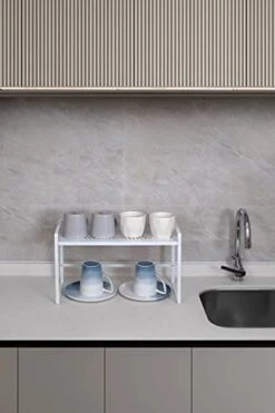 Nxconsu 2Pack Cabinet Shelf Organizer Storage Rack Shelf Riser For Kitchen Pantry Cupboard Bathroom Under Sink Counter Countertop Desk Space Saver Freestanding Heavy Duty Nonslip Leak White -Brabantia Shop 31GezUUuPiL