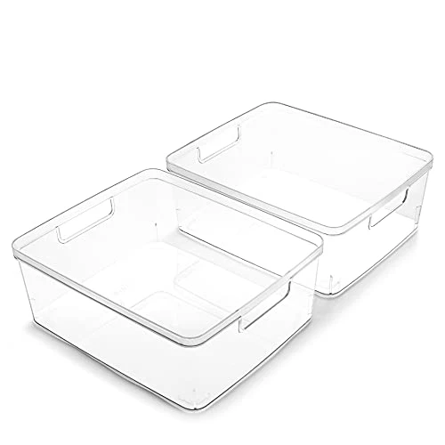 | Plastic Storage Bins, Medium - 2 Pack | THE LUCID COLLECTION | Multi-Use Organizer Bins | Built-In Handles | BPA-Free | Clear Storage Containers | Fridge Organizer | Pantry & Home Organization