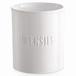 LIFVER Kitchen Untensil Holder, 7.1″ Extra-Large Ceramic Stable Utensil Holder For Kitchen Counter, White Utensil Crock For Vintage Farmhouse Kitchen Décor, With Table-Protection Cork Mat