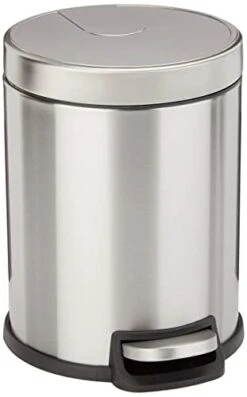 Amazon Basics Round Cylindrical Soft-Close Small Trash Can With Foot Pedal, 5 Liter/1.3 Gallon, Brushed Stainless Steel