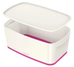 Leitz Small MyBox With Lid, Storage Box For Home And Office, High Gloss Plastic, 5 Litre, A5, White/Pink Metallic