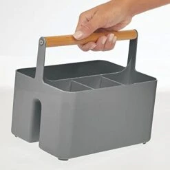 MDesign Plastic Portable Storage Organizer Kitchen Caddy Tote, Divided Bin With Wood Handle For Napkins, Silverware, Forks, Knives, Spoons - Store In Cabinets, Countertops - Charcoal Gray/Natural -Brabantia Shop 31gZXfVpboL