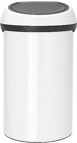 Brabantia 16 Gallon Large Kitchen Touch Top Trash Can (White) Removable Lid, Soft-Touch Open Garbage Can