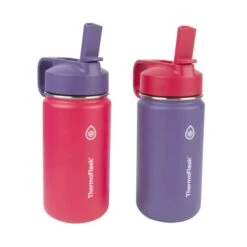 ThermoFlask Double Wall Vacuum Insulated Stainless Steel Kids Water Bottle With Straw Lid, 14 Ounce, 2-pack, Punch/Eggplant