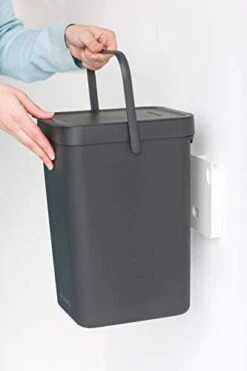 Brabantia Sort & Go Kitchen Recycling Can (3.2 Gal / Gray) Stackable Waste Organiser With Handle & Removable Lid, Wall/Cupboard Mounting -Brabantia Shop 31yMJyn2ltL