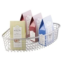 Farmhouse Metal Kitchen Cabinet Lazy Susan Storage Organizer Basket With Front Handle - Large Pie-Shaped 1/4 Wedge, 4.4" Deep Container - Satin