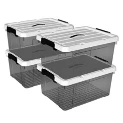 Cetomo 15L*4 Plastic Storage Box, Tote Box,Organizing Container With Durable Lid And Secure Latching Buckles, Stackable And Nestable, 4Pack, Transparent Black With Black Buckle