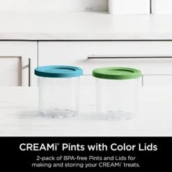 Ninja CREAMi Pints 2 Pack, Compatible With NC299AMZ & NC300s Series CREAMi Ice Cream Makers, Genuine Ninja Pint, BPA-Free & Dishwasher Safe, Color Lids, 1 Pint Each, Clear/Lime/Aqua, XSKPLID2CD -Brabantia Shop 413cceC1xFL