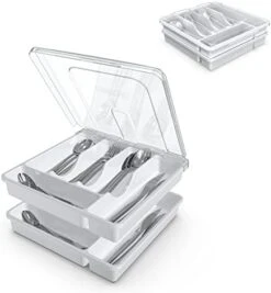 YICOCHI Utensil Holder For Countertop With Lid, Plastic Silverware Tray For Drawer, 5 Compartments Flatware Organizer, White -Brabantia Shop 415CMS1cb6L. AC