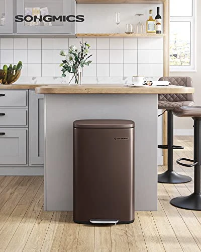 SONGMICS 13 Gallon Trash Can, Stainless Steel Kitchen Garbage Can, Recycling Or Waste Bin, Soft Close, Step-On Pedal, Removable Inner Bucket, Brown ULTB50BR 2 SONGMICS 13 Gallon Trash Can, Stainless Steel Kitchen Garbage Can, Recycling Or Waste Bin, Soft Close, Step-On Pedal, Removable Inner Bucket, Brown ULTB50BR - Image 2