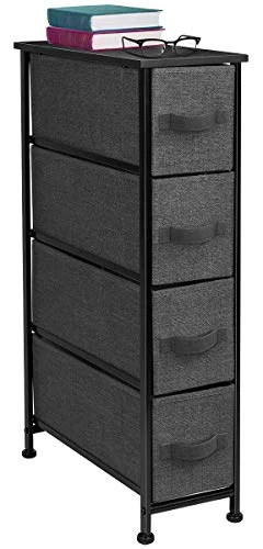 Sorbus Narrow Dresser With 4 Drawers - Vertical Slim Storage Chest Of Drawers With Steel Frame, Wood Top & Easy Pull Fabric Bins For Small Spaces, Closets, Bedroom, Bathroom & Laundry (Black/Charcoal)