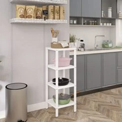 SMIBUY Bathroom Storage Shelf, 4-Tier Bamboo Rack Organizer, Multifunctional Shelving Unit For Living Room Bedroom Kitchen (White) -Brabantia Shop 4166AwfVDEL