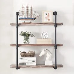 Homissue 31.5-Inch Industrial Pipe Shelf, 3-Shelf Metal Bookcases Furniture, Retro Brown