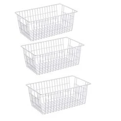 Farmhouse Metal Wire Basket, Fridge Freezer Storage Organizer Bins With Handles For Kitchen Cabinets, Pantry, Closets, Bedrooms, Bathrooms, White 3 Pack