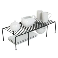 Smart Design Expandable Storage Rack - Scratch Resistant Feet - Metal Wire - Kitchen Counter, Bathroom Medicine Organizer, Dish, Plate Display Shelf, Sink Cabinet, Cupboard Riser - 16 X 32.5 - Black