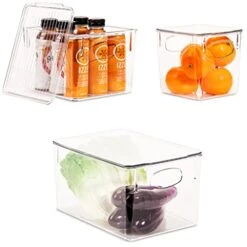 3 Pack Premium Plastic Storage Bins - Sturdy Refrigerator Pantry Organizer - Versatile Lightweight Stackable Cabinet Organization - Bath, Makeup, Food, & Snack Packet Organizer- Clear Square Bin 11 3 Pack Premium Plastic Storage Bins - Sturdy Refrigerator Pantry Organizer - Versatile Lightweight Stackable Cabinet Organization - Bath, Makeup, Food, & Snack Packet Organizer- Clear Square Bin -Brabantia Shop 418tVhn7nHL