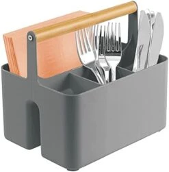 MDesign Plastic Portable Storage Organizer Kitchen Caddy Tote, Divided Bin With Wood Handle For Napkins, Silverware, Forks, Knives, Spoons - Store In Cabinets, Countertops - Charcoal Gray/Natural -Brabantia Shop 418yXckiVML. AC