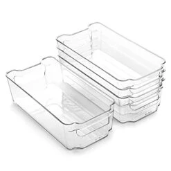 | Stackable Storage Bins, Medium - 4 Pack | The Stacker Collection | Clear Plastic Storage Bins | Organization And Storage Containers For Pantry & Fridge | Multi-Use Organizer Bins | BPA-Free