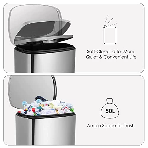 13.2 Gallon(50L) Trash Can, Fingerprint Proof Stainless Steel Kitchen Garbage Can With Removable Inner Bucket And Hinged Lids, Pedal Rubbish Bin For Home Office 4 13.2 Gallon(50L) Trash Can, Fingerprint Proof Stainless Steel Kitchen Garbage Can With Removable Inner Bucket And Hinged Lids, Pedal Rubbish Bin For Home Office - Image 4