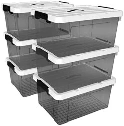 Cetomo 15L*4 Plastic Storage Box, Tote Box,Organizing Container With Durable Lid And Secure Latching Buckles, Stackable And Nestable, 4Pack, Transparent Black With Black Buckle -Brabantia Shop 41GGtLIUI4L. AC