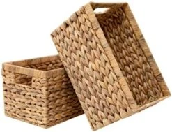 HOMESTEAD Water Hyacinth Storage Baskets, Long Narrow Rectangular Wicker Baskets For Bedroom, Living Room, Bathroom, Shelves - Set Of 2 -Brabantia Shop 41GtjMRFtPL. AC