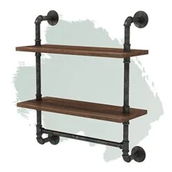 MCleanPin Industrial Pipe Shelves Wall Mount Bathroom Shelf With Towel Bar Floating Shelf 2-Tiers 24 In, DIY Open Bookshelves,Metal Towel Rack Bookcase, Real Wood Storage Shelving