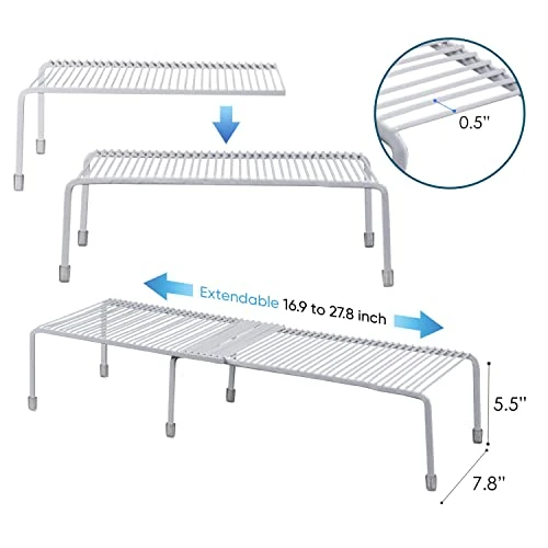 WIRESPIRIT - Expandable Shelf Organizer (2 Pieces) For Countertop, Cupboard, Cabinet, Pantry - Adjustable Kitchen Organization Shelf Rack - White 2 WIRESPIRIT - Expandable Shelf Organizer (2 Pieces) For Countertop, Cupboard, Cabinet, Pantry - Adjustable Kitchen Organization Shelf Rack - White - Image 2