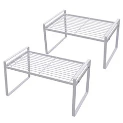 Shantton 2 Pack Kitchen Cabinet Shelf Counter Organizer Rack Pantry Storage Bathroom Bedroom Office Table Desk Space Saving Steel Frame Stackable Rust Resistant Non Slip White