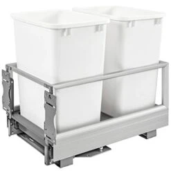 Rev-A-Shelf 5149-18DM-211 Double 35 Quart Pull Out Kitchen Cabinet Waste Container Storage With Trash Can, Wire Basket, And Rev-A-Motion, White