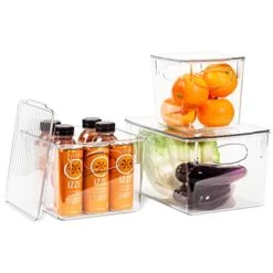 3 Pack Premium Plastic Storage Bins - Sturdy Refrigerator Pantry Organizer - Versatile Lightweight Stackable Cabinet Organization - Bath, Makeup, Food, & Snack Packet Organizer- Clear Square Bin
