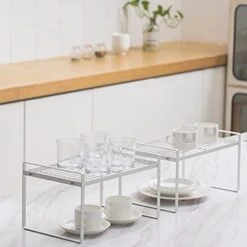 Shantton 2 Pack Kitchen Cabinet Shelf Counter Organizer Rack Pantry Storage Bathroom Bedroom Office Table Desk Space Saving Steel Frame Stackable Rust Resistant Non Slip White -Brabantia Shop 41PRig7CvHS