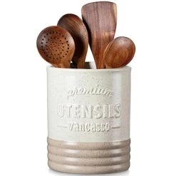 Vancasso Sabine Utensil Holder, 7.2" Large Utensil Crock For Kitchen Counter, Ceramic Utensil Crock Storage, Matte Cream-Colored Farmhouse Utensil Organizer, Utensil Storage For Home Décor, Gifts