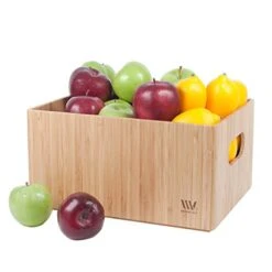 Bamboo Storage Box Multi-Purpose Organizer For Kitchen Supplies Holder, Fruit Bin, Cabinets, Pantry With Built In Handles, Stackable, 12” X 9” X 6”