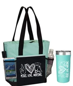 Peace, Love, Nursing. 2-Piece . Includes Insulated Tote Bag And Stainless-Steel Tumbler. Great Thank You Gift For Nurses. RN Gift And Perfect Graduation Gift. Nurse Bag For Work.
