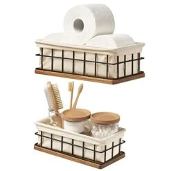BAOBAB WORKSHOP Bundle - 2 Items: Wood And Wire Baskets With Floating Shelves For Bathroom Decor, Toilet Paper Storage, Living Room Bedroom And Kitchen -Brabantia Shop 41Wu6Cupb0L