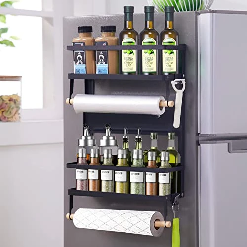 XIAPIA Magnetic Fridge Organizer Spice Rack With Paper Towel Holder And 5 Extra Hooks | 3 Tier Magnet Refrigerator Shelf In Kitchen Holds Up To 45 LBS | 16x12x4 Inch Black 1 XIAPIA Magnetic Fridge Organizer Spice Rack With Paper Towel Holder And 5 Extra Hooks | 3 Tier Magnet Refrigerator Shelf In Kitchen Holds Up To 45 LBS | 16x12x4 Inch Black