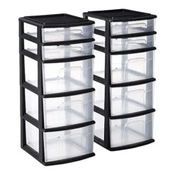 Homz Plastic 5 Clear Drawer Medium Home Organization Storage Container Tower With 3 Large Drawers And 2 Small Drawers, Black Frame, 2 Pack