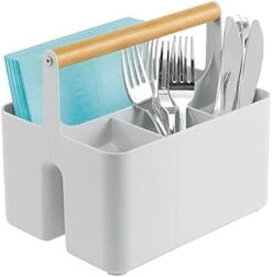MDesign Plastic Portable Storage Organizer Kitchen Caddy Tote, Divided Bin With Wood Handle For Napkins, Silverware, Forks, Knives, Spoons - Store In Cabinets, Countertops - Charcoal Gray/Natural -Brabantia Shop 41bJ8qoSz3L. AC