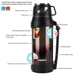 Comvi 68oz Large Coffee Thermus For Travel - 24 Hours Hot & Cold Flasks For Hot And Cold Drinks, Stainless Steel, Vacuum Insulated Flask With 2 Cups For Hiking & Camping For Men/Women - Coffee -Brabantia Shop 41gfpirxMIL