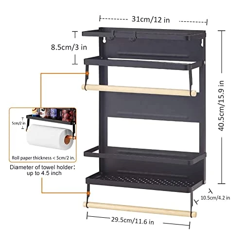 XIAPIA Magnetic Fridge Organizer Spice Rack With Paper Towel Holder And 5 Extra Hooks | 3 Tier Magnet Refrigerator Shelf In Kitchen Holds Up To 45 LBS | 16x12x4 Inch Black 2 XIAPIA Magnetic Fridge Organizer Spice Rack With Paper Towel Holder And 5 Extra Hooks | 3 Tier Magnet Refrigerator Shelf In Kitchen Holds Up To 45 LBS | 16x12x4 Inch Black - Image 2