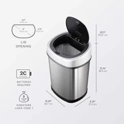 NINESTARS DZT-12-9 Automatic Touchless Infrared Motion Sensor Trash Can, 3 Gal. 12 L., Stainless Steel (Oval, Silver/Black Lid) -Brabantia Shop 41mddhfyYDL