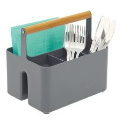 MDesign Plastic Portable Storage Organizer Kitchen Caddy Tote, Divided Bin With Wood Handle For Napkins, Silverware, Forks, Knives, Spoons - Store In Cabinets, Countertops - Charcoal Gray/Natural -Brabantia Shop 41oPb8NMAzL