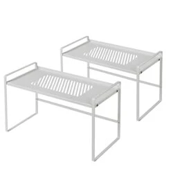 Nxconsu 2Pack Cabinet Shelf Organizer Storage Rack Shelf Riser For Kitchen Pantry Cupboard Bathroom Under Sink Counter Countertop Desk Space Saver Freestanding Heavy Duty Nonslip Leak White