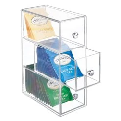 Plastic Kitchen Pantry Stackable Storage Organizer Container Station With 3 Drawers For Cabinet, Countertop, Holds Coffee, Tea, Sugar Packets, Creamers - Lumiere Collection - Clear