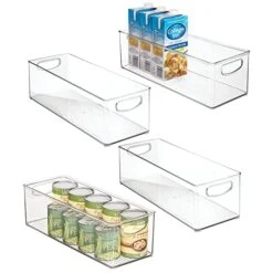 Plastic Stackable Kitchen Organizer - Storage Bin With Handles For Refrigerator, Freezer, Cabinet, And Pantry Shelves Organization - Food Container - Ligne Collection - 4 Pack - Clear