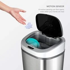 NINESTARS Automatic Touchless Infrared Motion Sensor Trash Can With Stainless Steel Base & Oval, Silver/Black Lid, 21 Gal -Brabantia Shop 41tngteBZqL