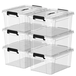 Cetomo 37Qt*6 Plastic Storage Bins, Storage Box, 6 Pack, Tote Organizing Container With Durable Lids And Secure Latching Buckles, Stackable And Nestable, Clear With Black Buckle