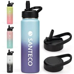SANTECO Water Bottle 24 Oz, Vacuum Insulated Stainless Steel Bottle With Straw Handle Lid, Leakproof Bottles, Wide Mouth Easy Clean, Keep Drinks Hot & Cold For Gym, Camping, Hiking, Blue Purple