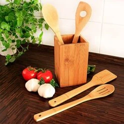 Relaxdays Bamboo Cooking Set With Spoon, Ladle With Hole, Spatula Und Container, Brown -Brabantia Shop 511MoxiJ6TL