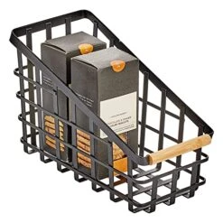 Slim Slanted Metal Wire Kitchen Storage Basket Bin Organizer With Wood Handle For Pantry, Cabinet, Cupboard, Or Countertop Organization - Yami Collection - Matte Black/Natural